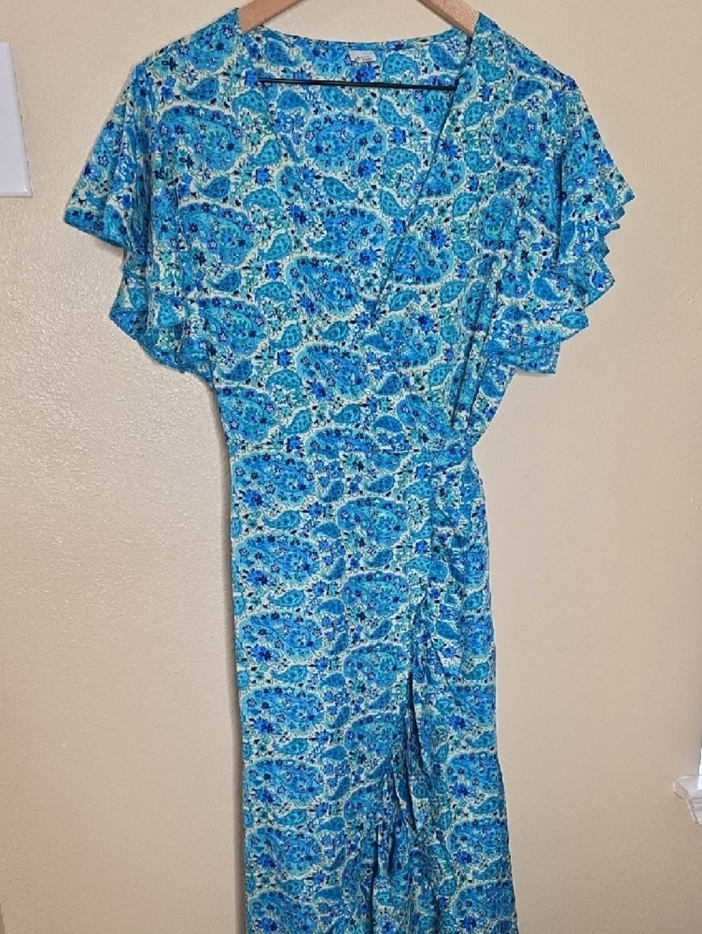 Vintage Silk Wrap Maxi Dress Blue Paisley Boho Womens M/L Cottagecore Resortwear - Picture 4 of 14